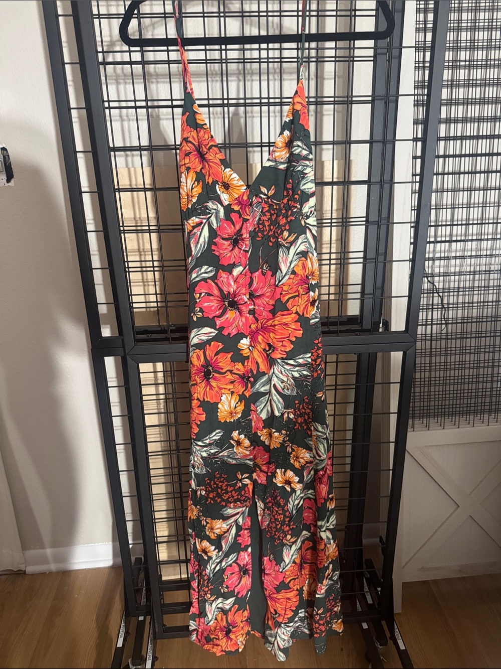 Leith Floral V-Neck dress in Dark Green, Coral and Orange
